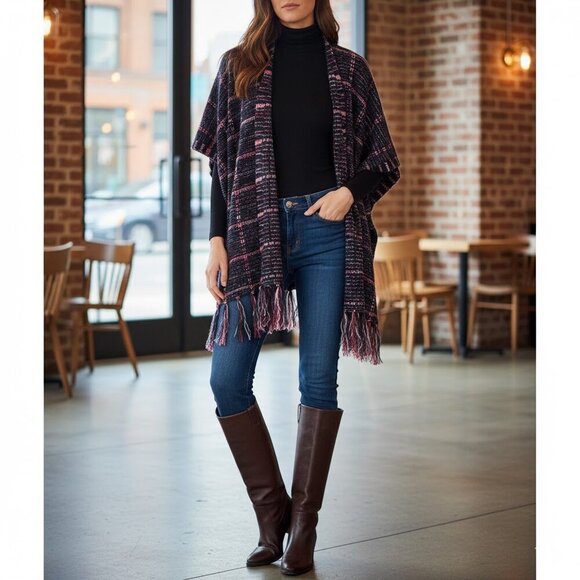 Molly Bracken Poncho NWT Womens Knitted Navy Blue Red Size XS/S - Picture 1 of 8